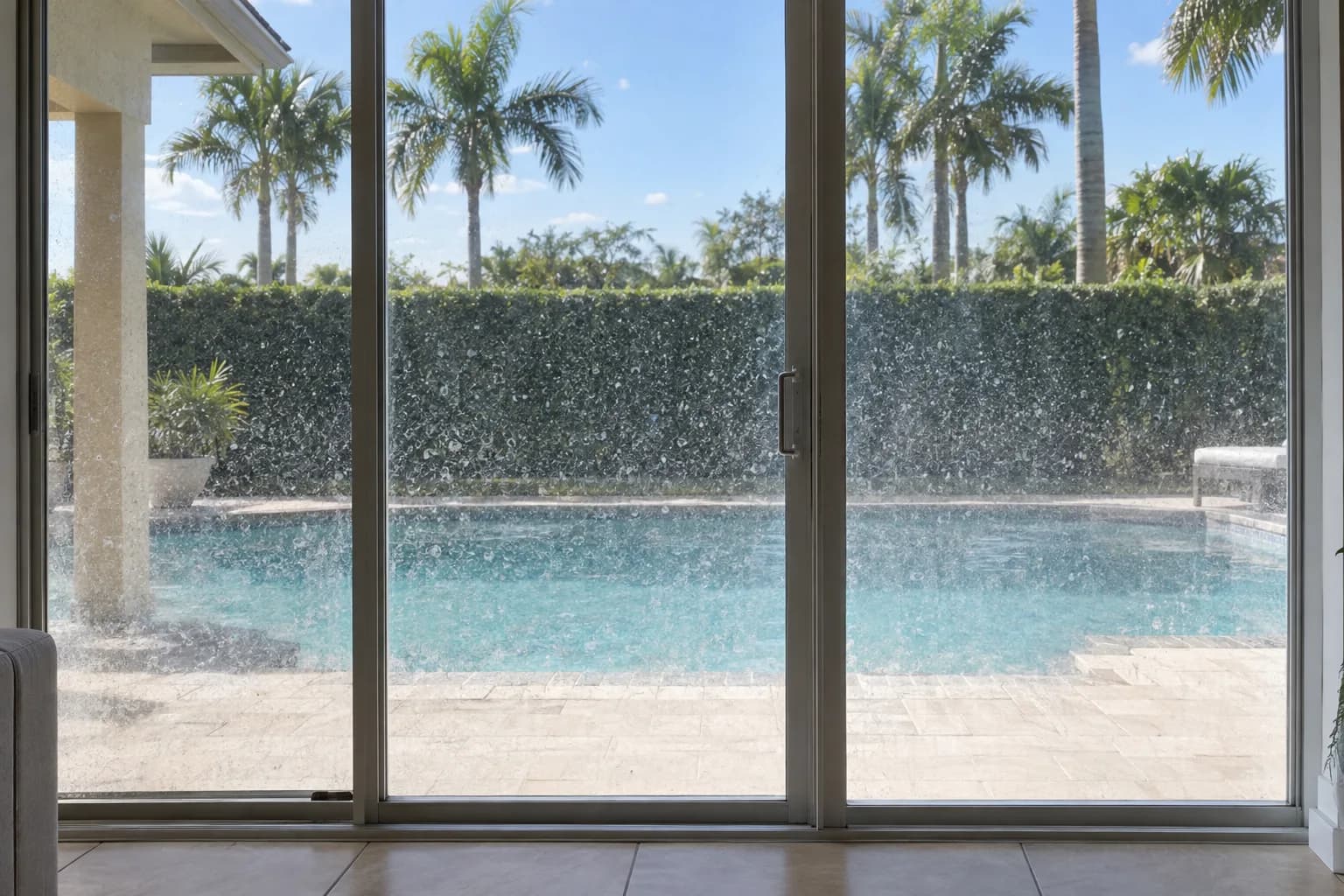Patio sliding doors clouded with hard water mineral spotting