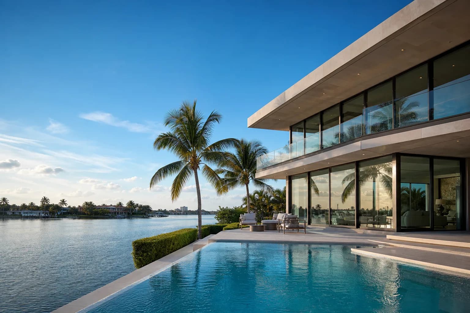 Modern South Florida waterfront home with large clean windows and a pool