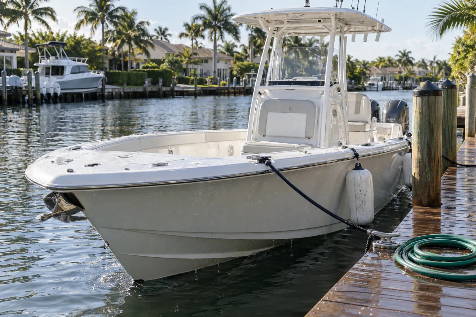 A freshly washed center console boat tied up at a South Florida dock