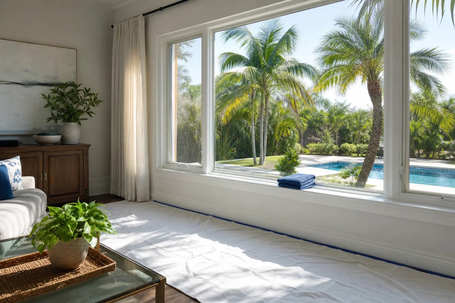 Interior window cleaning with drop cloths protecting the floor