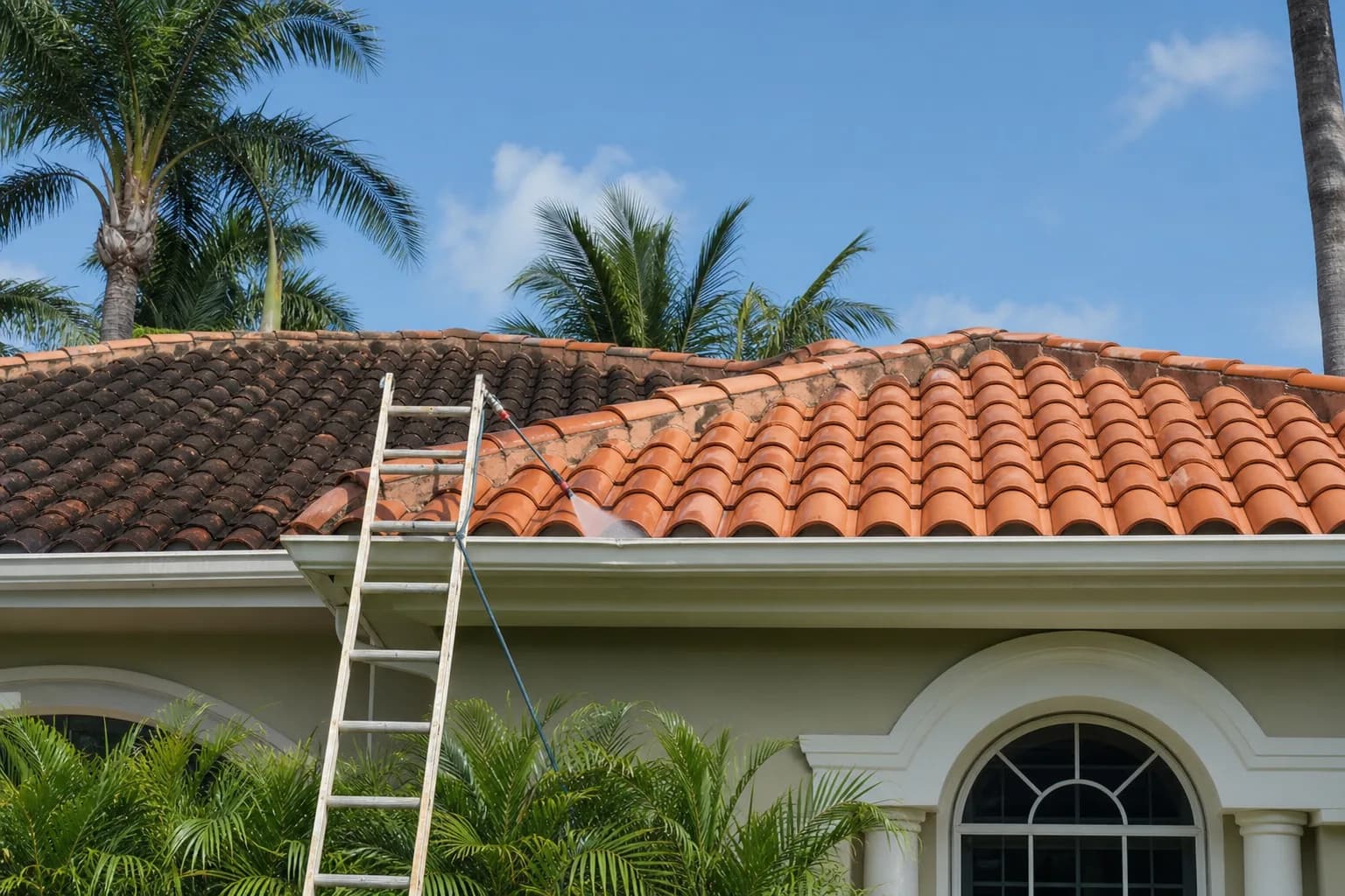 A tile roof being soft washed at low pressure