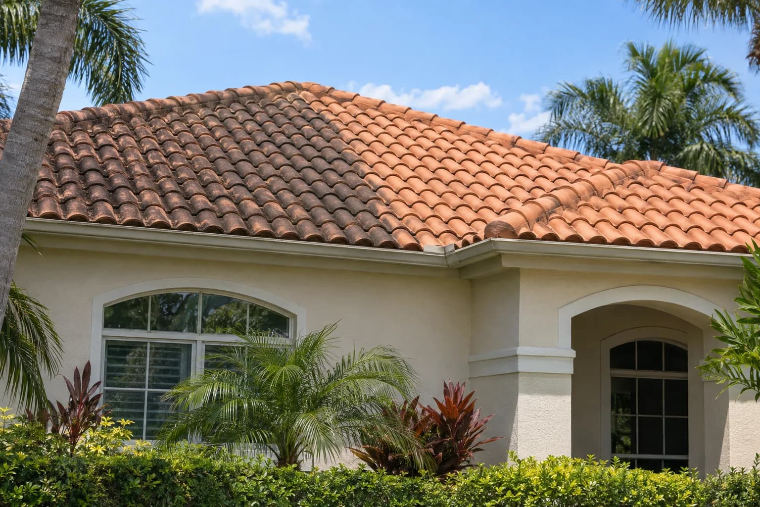 A tile roof being soft washed at low pressure